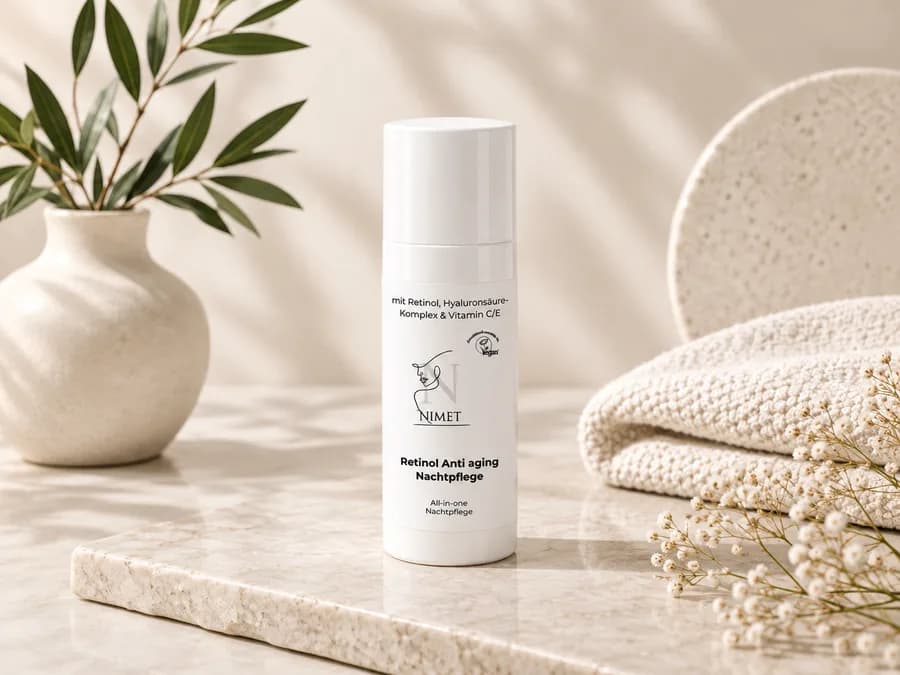 NIMET Retinol Nachtcreme Anti-Aging, Spender auf Marmor